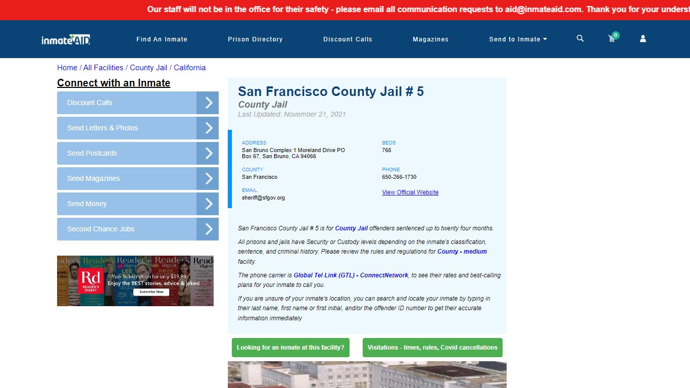 San Francisco County Jail # 5 - Inmate Locator - San Bruno, CA